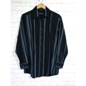 PLAYA GRANDE Button Down Long Sleeve Black Shirt Stripe Blue Size Medium Cotton